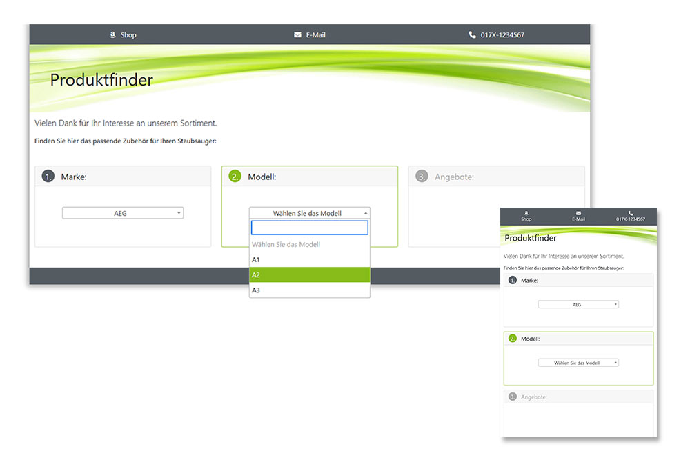 Weblayout eines mehrstufigen Produktfinders mit Desktop- und mobiler Darstellung
